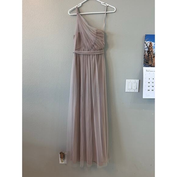 Ethereal formal Amsale One-Shoulder Tulle Bridesmaid Gown Taupe Size - Picture 1 of 4